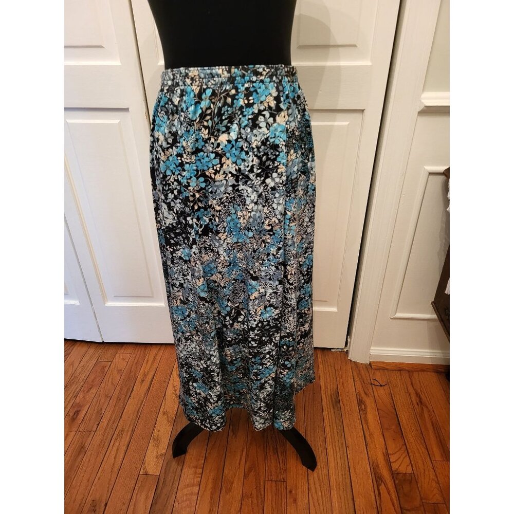 Black/Turquoise  A-Line Floral Midi Skirt Stretchy sz L Whimsygoth Cottage Fairy